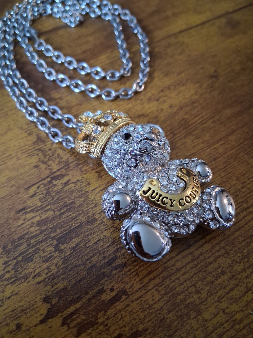 Vintage Juicy Couture Teddy Bear Pendant Necklace Rhinestone-Encrusted gold silv - Picture 3 of 11